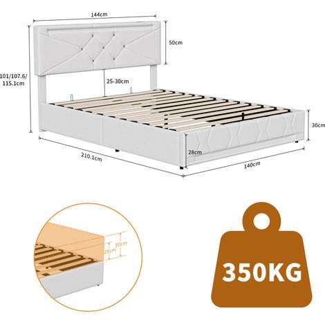 Lit double 140x200cm, lit 140x200 avec rangement, Sommier Inclus, lit coffre avec port USB et LED, Chambre moderne, Beige, lin