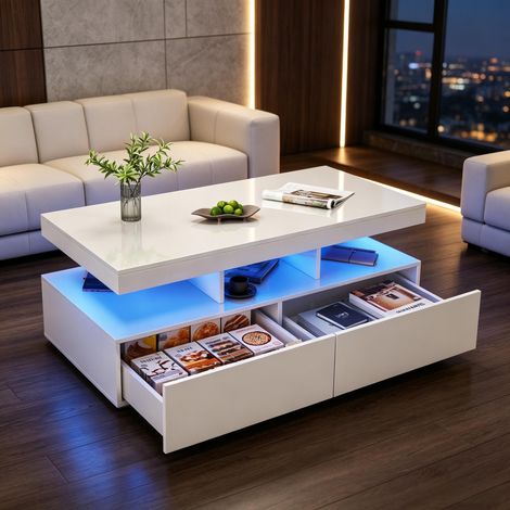 FOERPL-Tavolino da caffè moderno con illuminazione a LED, tavolo da soggiorno lucido con 2 cassetti e ripiano aperto, tavolo centrale rettangolare con 3 vani portaoggetti, piano lucido (1/5)