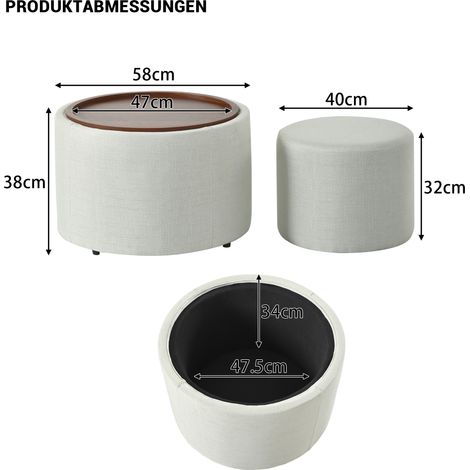 Ensemble 2 tabourets nid rangement,repose-pieds couvercle lin étagère bois,table basse ronde 58cm beige.