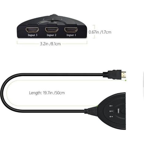 1 Convertisseur HDMI audio vidéo 3 vers 1, 1080p, câble de conversion 50 cm, commutateur de signal fractionné (1/4)