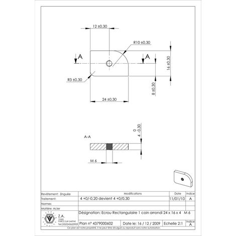 Ecrou RECT 24X16X4 M6 1 COIN ARRONDI Acier zingué-1 pièce