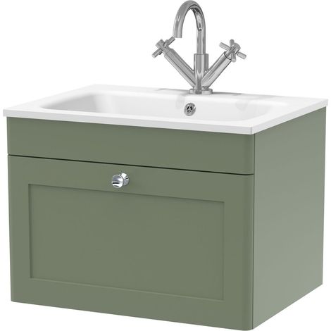 Swynnerton Traditional 1 Drawer Wall Hung Vanity Unit with Stone Basin, Satin Green, 600mm