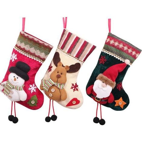 Chaussette De Noël - 30x17 Cm - Tissu Épais - Rouge Vert Blanc - Pour Cheminée Arbre Maison - Lot De 3 (1/4)
