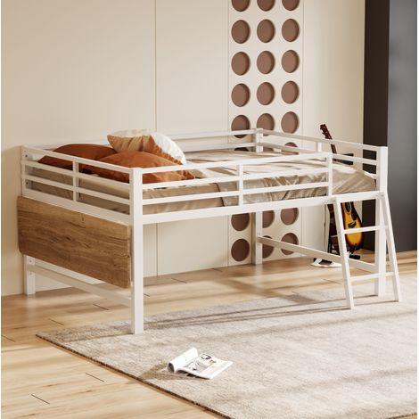 Lit mezzanine en métal 140 x 200 cm avec bureau pliable, échelle, barrières, blanc (1/5)