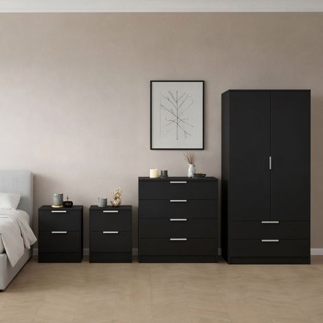 Trega 4pc Bedroom Furniture Set – 2x 2 Drawer Bedside, 4 Drawer Chest & 2 Door Wardrobe, Black