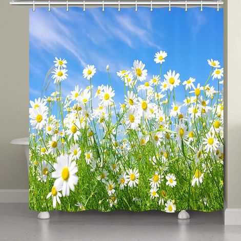 Tenda da doccia JAWO Spring, fiori di campo, margherita bianca, azzurro cielo, tenda da bagno con stampa verde natura, scena di campagna con vegetazione botanica, ganci per tenda da doccia in plastica