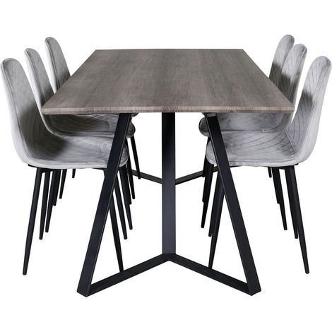 MarinaGRBL Essgruppe Esstisch El Holz dekor grau und 6 Polar Diamond Esszimmerstühle Velour grau.