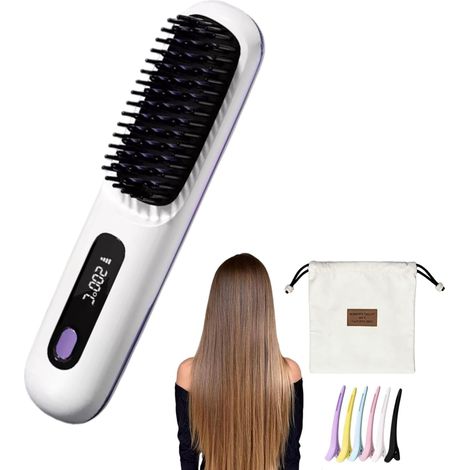 Cocoony Brush for Short Hair, Portable Rechargeable Straightening Brush, Durable Design, with LCD Display, 3-Stage Temperature Adjustment, for Daily Styling & Travel (White)
