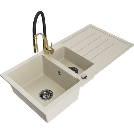 Mexen Andres évier en granit 1,5 bac avec égouttoir et robinet de cuisine Aster, beige - 6515-69-73450-57-B (1/5)