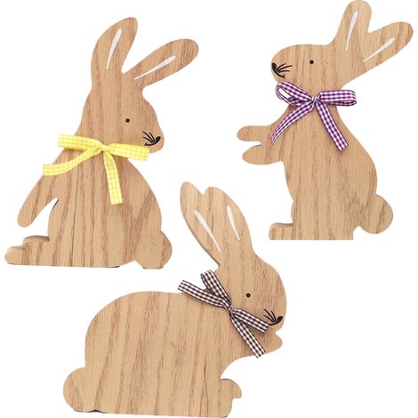 【HF20809 Brauner Hase mit Fliege + HF20810 Gelber Hase mit Fliege + HF20811 Lila Hase mit Fliege】 Set mit 3 handgefertigten Osterhasen aus Holz für Zuhause oder Büro. (1/2)