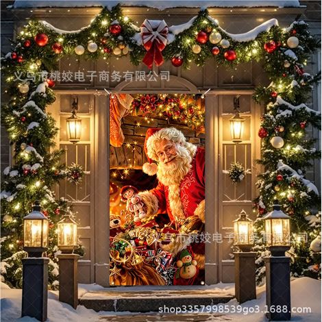 Drapeau de porte décoratif de Noël / Nouvel An en polyester 90x210cm, motif Père Noël, Bonhomme des neiges et Gnome, modèle élastique (1/2)