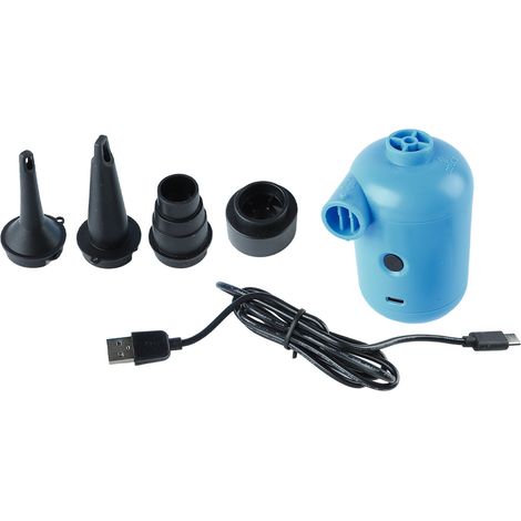 Pompe à air électrique portable bleue avec gonfleur et dégonfleur, idéale pour le camping et les activités de plein air, avec port USB. (1/5)
