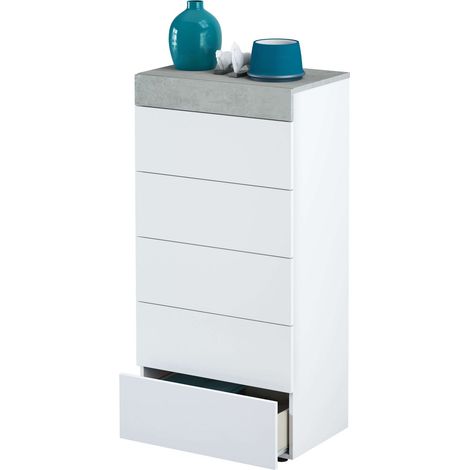 Cómoda moderna dormitorio 5 cajones sifonier color blanco y cemento 61x40x118 cm (1/10)