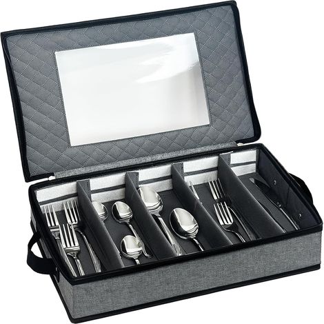 Range Couverts pour Tiroir Avec Couvercle, Boîte de Rangement Couverts de Cuisine Compartiments Réglables, Rangement Cuisine Pour Camping, Voyage, Cuisine, Gris (1/5)