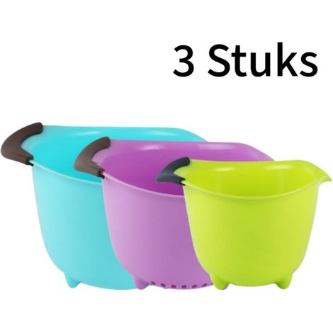 1 jeu de 3 bols à salade en plastique multicolores, bol mélangeur et passoire à légumes (1/5)