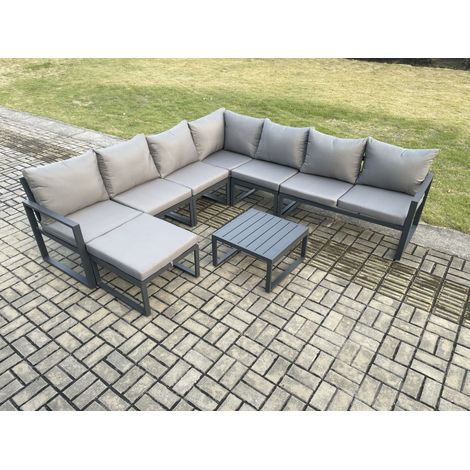 Fimous Outdoor Garden Furniture Patio Lounge Corner Sofa Aluminium Set with Square Coffee Table Big Footstool Dark Grey (1/5)