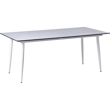 Mesa de comedor de jardín con tablero de HPL y estructura de aluminio resistente a los rayos UV agua óxido blanco con tablero efecto travertino Tolentino