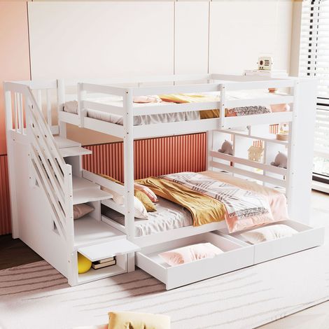 Lit superposé enfant 90x200 cm blanc en pin, escalier avec rangements, 2 tiroirs, grand placard, barrières hautes, sommiers 30 lattes inclus (1/5)