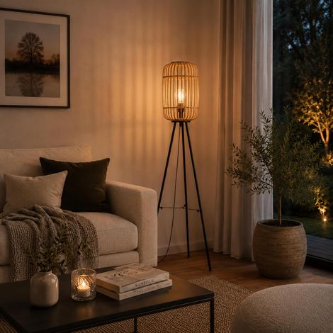 Lampadaire décoratif, à 3 pieds, compatible avec 1 ampoule de culot E27 de 40 W maximum, en métal/rotin noir/marron clair (1/5)
