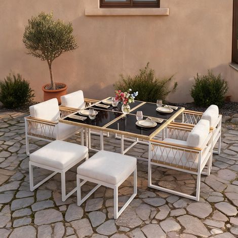 Ensemble salon de jardin avec table en verre et rotin pour 6 (1/5)