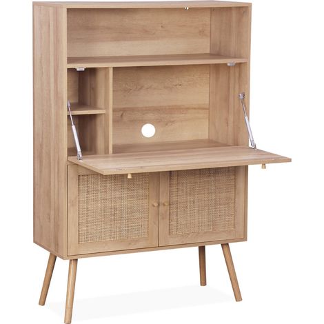 Bureau secrétaire. 2 portes en cannage. étagères. effet bois. pieds en bois de sapin (1/5)