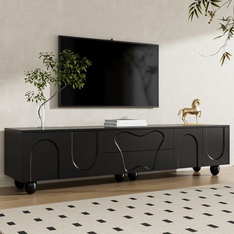 Meuble TV 180x40x42cm - espace de rangement - pieds en bois - minimaliste - aggloméré - Noir