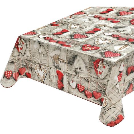 Tovaglia Antimacchia Cucina Shabby Chic Cuori Bordata Cotone Plastificato Proteggi Tavolo Copritavolo - 135x230 cm