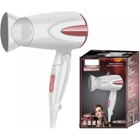Asciugacapelli Professionale 1300W con 2 Velocita Temperatura con Manico Pieghevole e Gancio per Appendere Bianco Rosa