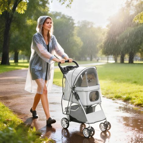 Chariot pliable pour animaux de compagnie, caisse de transport pliable pour chien/chat avec porte-gobelet et panier de rangement, 75 x 45 x 97 cm, gris
