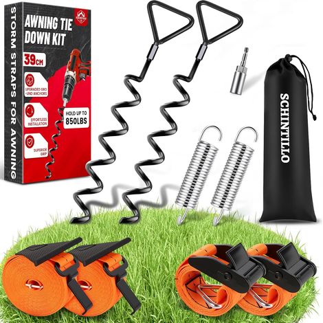 Kit D'arrimage pour Auvents Sangles Anti-tempête pour Auvents de Camping-Cars et Caravanes, Protection Anti-tempête pour Auvents avec Ancrages au Sol Spiralés de 39cm (1/5)