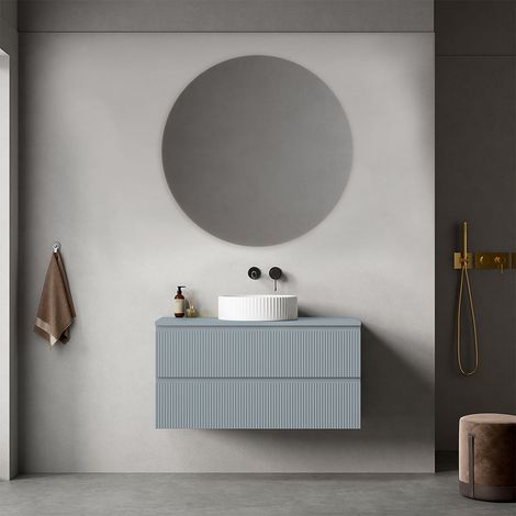 Mobile bagno sospeso cannettato 100 cm Blu Avio per Lavabo d'appoggio Specchio Tondo - Fiji Paint Top Canneté (1/4)