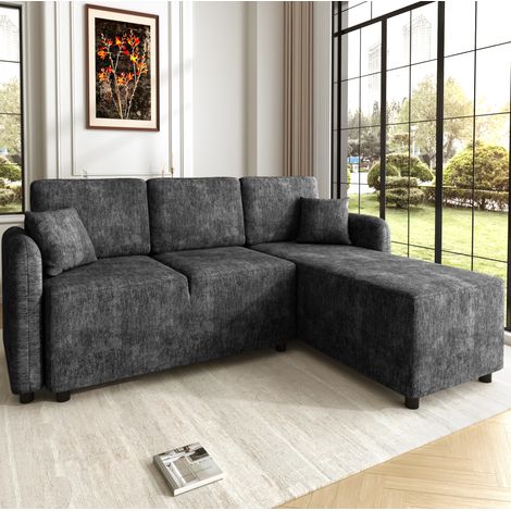 Divano a 3 posti a L in chenille nero con 2 cuscini, struttura in legno massiccio (1/5)