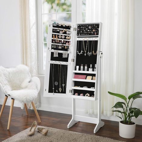 Songmics – Armoire à bijoux avec miroir – 90 emplacements pour boucles d'oreilles – 78 emplacements pour bagues – 3 angles d'inclinaison – verrouillable – JJC69WT