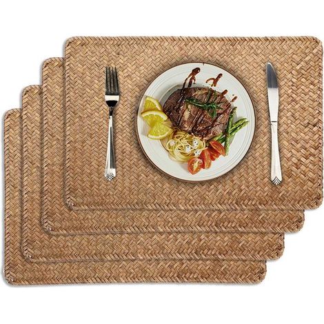 Lot de 4 sets de table rectangulaires en rotin naturel tressé, pour table à manger, cuisine, table de pique-nique, jaune, 45 x 30 cm (1/5)