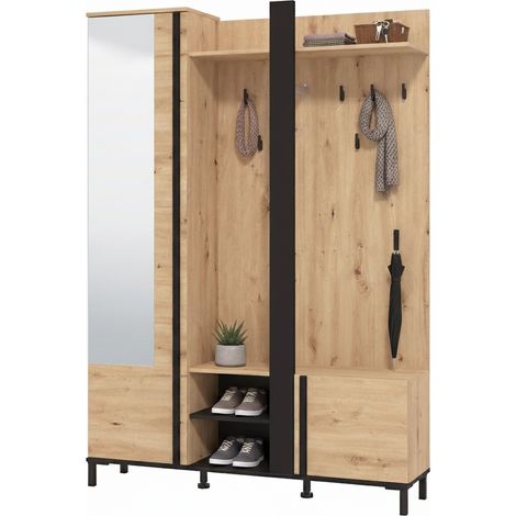 Mueble de Entrada Pandino, Espejo incluido, 7 estantes, perchero, 135x35x193h cm Marrón Roble Nudoso