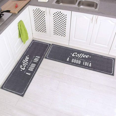 Set of 2 non-slip kitchen mats with rubber backing, doormat, coffee pattern (grey 15"x47"+15"x23")