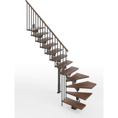 Misterstep – Escalier quart tournant 12 marches – Largeur 75 cm – Rampe avec colonnes verticales – Soutien réglable 35-100 cm – Couleur noyer 25 et gris anthracite (1/5)