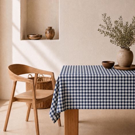 Nappe Anti-Taches Toucher Tissu Extra-Doux, Table Rectangulaire, Coton Imperméable, 140 x 240 cm (Motif Vichy Bleu Marino) (1/5)