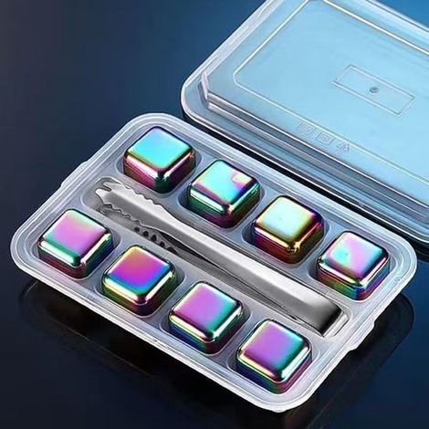 Cubitos de hielo metálicos，juego de 8 piezas，piedras de hielo de acero inoxidable para whisky，piedras de hielo para whisky (1/5)