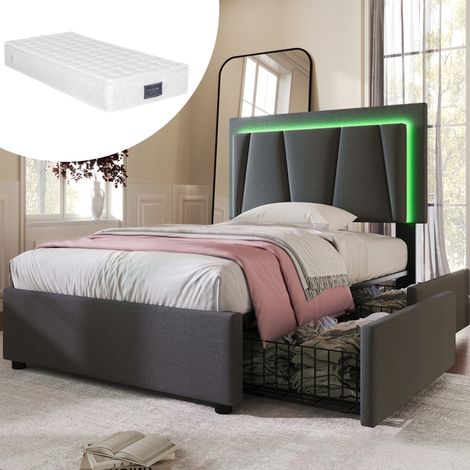 Einzelbett 90x200 cm Grau aus Holz und Metall mit LED-Beleuchtung, höhenverstellbarem Kopfteil und 2 Schubladen (1/5)