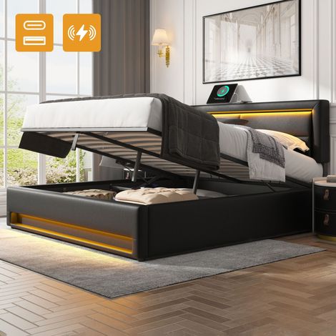 Letto contenitore imbottito 140x190 cm con USB, luce LED e ampio spazio di archiviazione, senza materasso, nero (1/5)