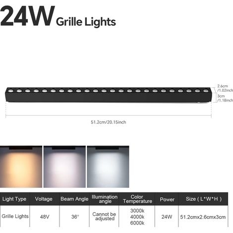 (Éclairage à grille 24 W) Spot LED sur rail magnétique à montage en surface, luminaire décoratif moderne pour salon.