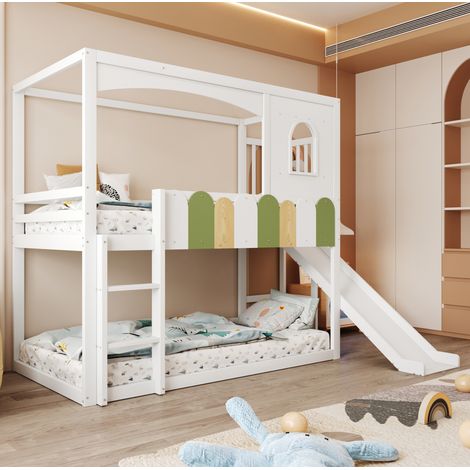 Letto a castello per bambini 90x200 cm in legno bianco, casetta con finestra, scivolo e scala di sicurezza