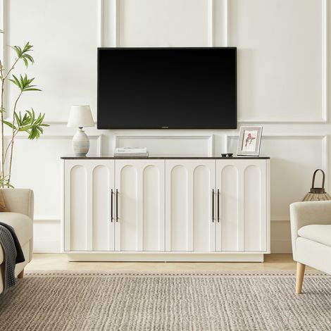 Buffet rangement 160x40x80cm 4 portes arquées fermeture amortie anti-basculement bicolore blanc noir salon (1/5)