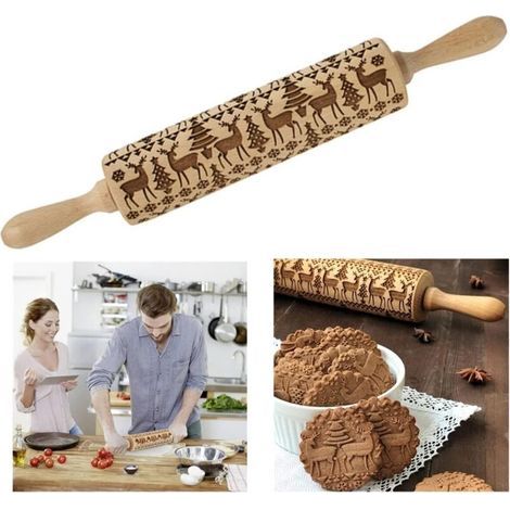 Wooden Christmas rolling pin, pastry roller, kitchen tool, baking accessory, eye-catching, stable and durable, Christmas theme, 38 cm x 5 cm (1/5)