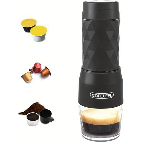 Machine à café manuelle portable, 3-en-1 pour espresso, idéale pour randonnée, camping, voyage ou cadeau débutant, design compact et léger, noir. (1/5)