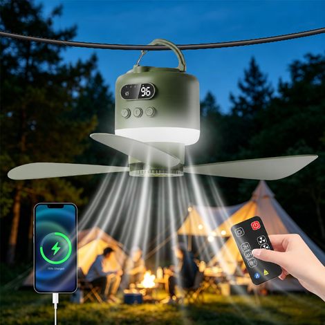 Ventilateur de plafond pour tente, 45 cm, lampe LED, batterie 15 600 mAh USB (1/5)