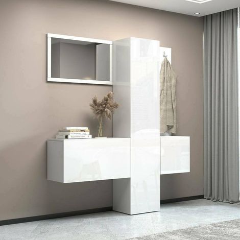 Meuble d'entrée, Armoire multifonctionnelle à 3 Portes, Cintre Mural avec Miroir, 170x35h190 cm, Blanc (1/5)