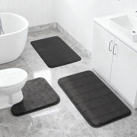Lot de 3 Tapis de Bain Antidérapant, Salle de Bain Lavables en Microfibre et Tapis de WC en Forme de U pour Douche, WC et Baignoire, Noir (1/5)