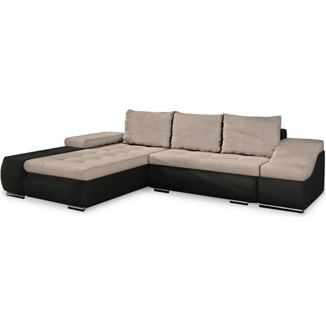 Mobilier Deco – Canapé d’angle convertible coffre de rangement en tissu beige et simili noir – Méridienne gauche – Pour petit salon